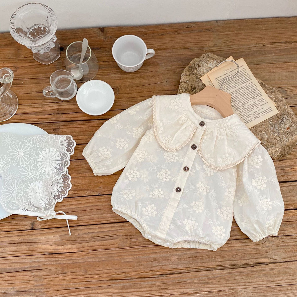 New cotton baby girl baby flower embroidery large collar long sleeve loose Ha jumpsuit for autumn 2022