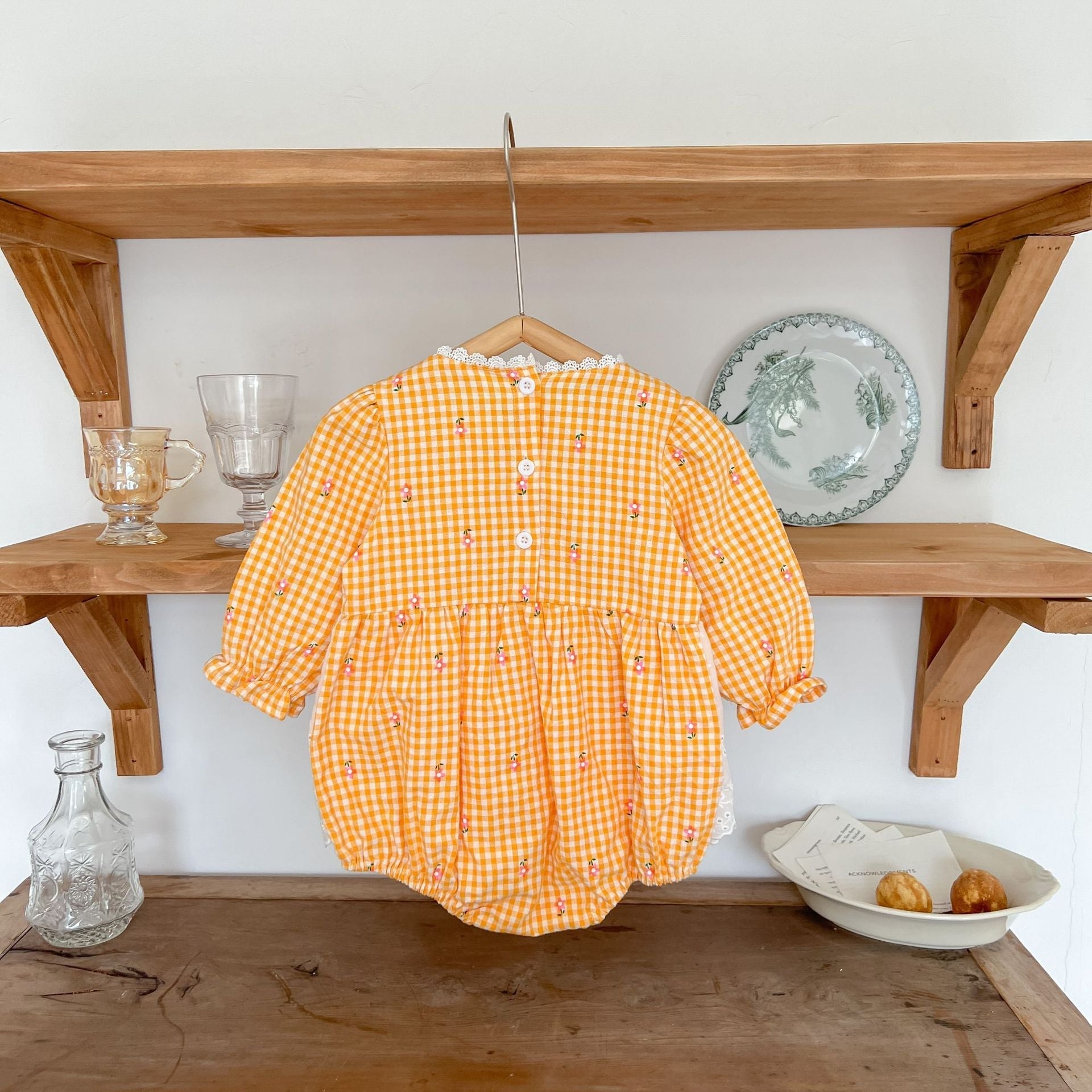 ins fall new baby children’s onesie girl baby plaid small floral lace apron ha clothing climbing suit