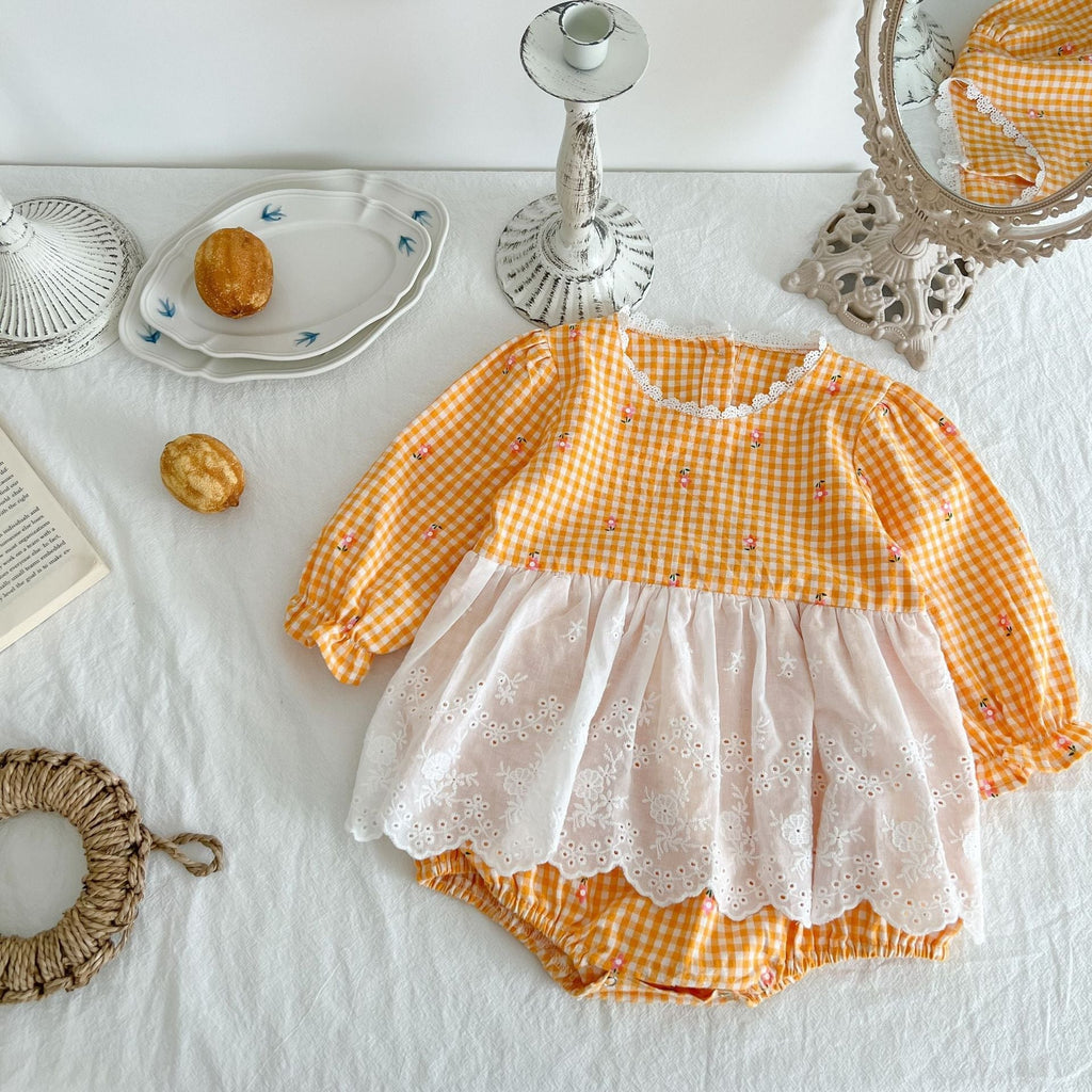 ins fall new baby children’s onesie girl baby plaid small floral lace apron ha clothing climbing suit