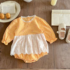 ins fall new baby children’s onesie girl baby plaid small floral lace apron ha clothing climbing suit