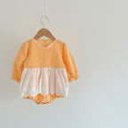 ins fall new baby children’s onesie girl baby plaid small floral lace apron ha clothing climbing suit - Yellow / 90cm