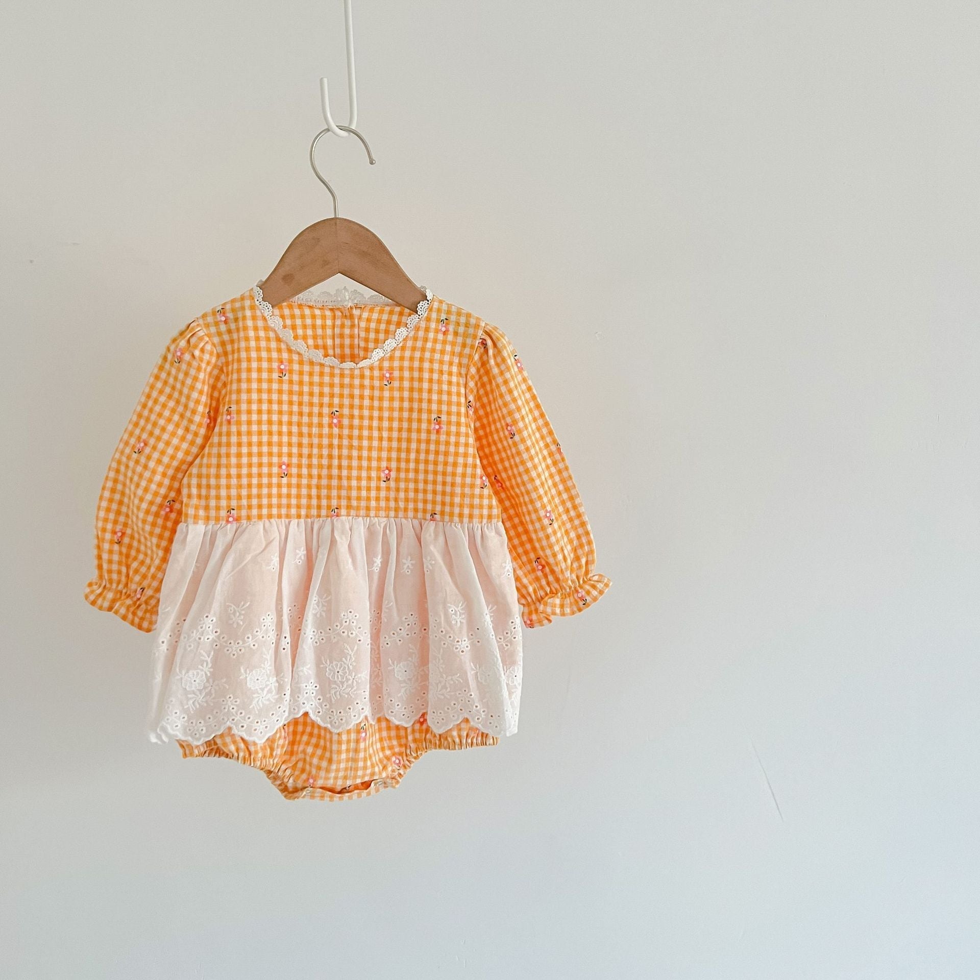 ins fall new baby children’s onesie girl baby plaid small floral lace apron ha clothing climbing suit - Yellow / 90cm