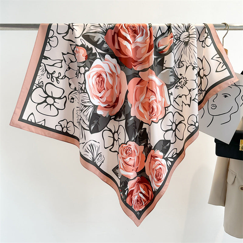 Women's Premium Twill Silk Scarf, Large Printed 90/90cm Striped Square Scarf