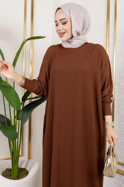 Batwing Sleeve Crepe Dress | Brown – NEOMODEST product image 2