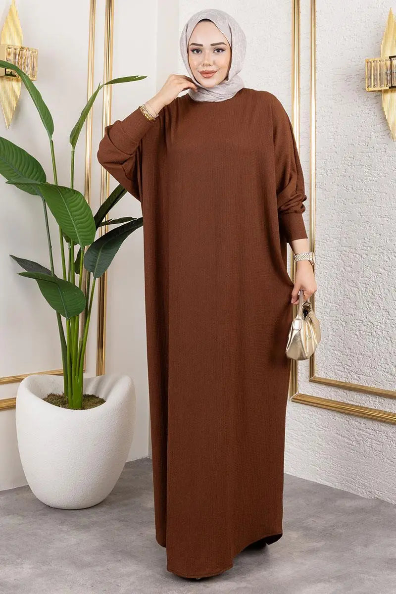 Batwing Sleeve Crepe Dress | Brown – NEOMODEST product image 3