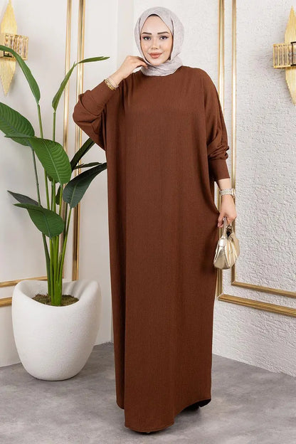 Batwing Sleeve Crepe Dress | Brown – NEOMODEST product image 3