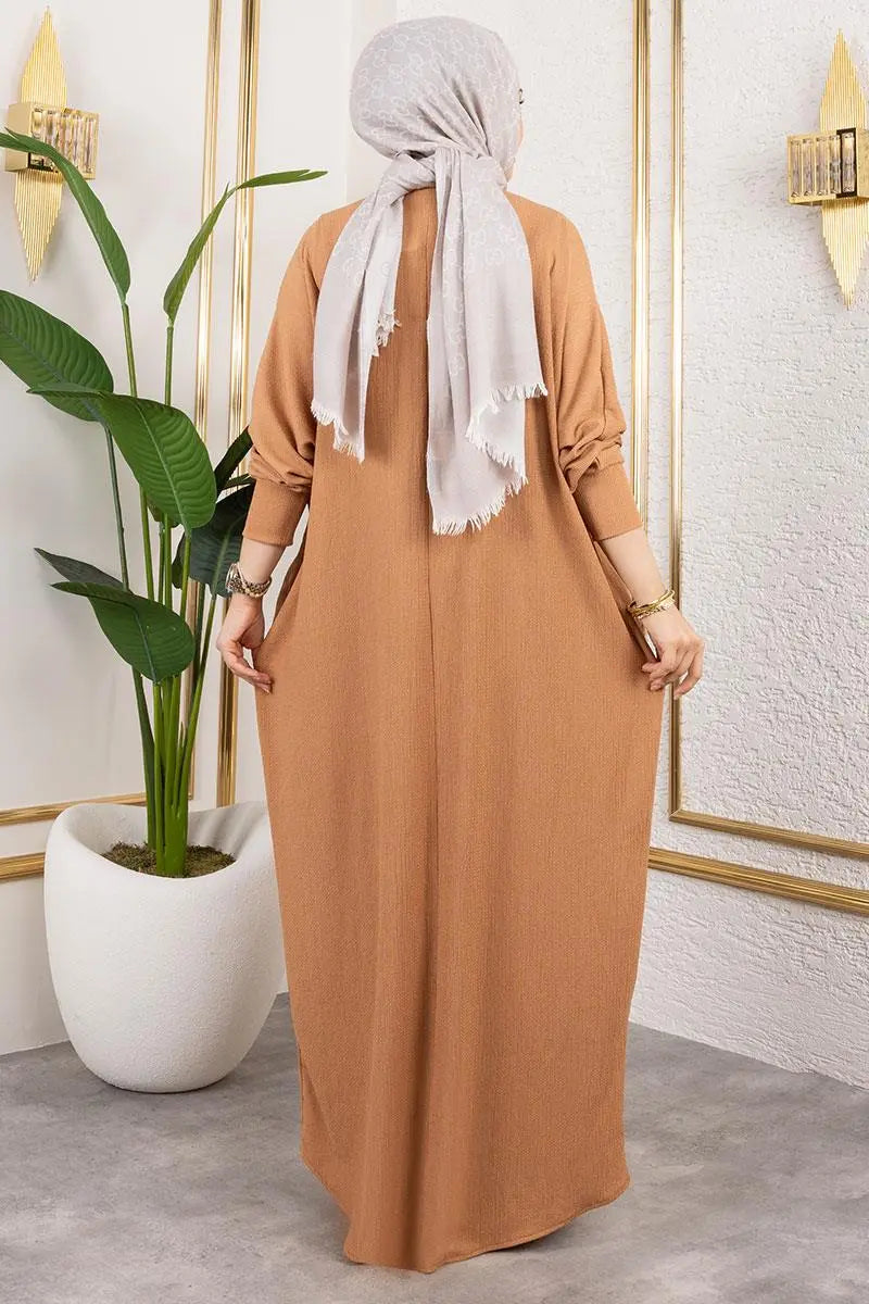 Batwing Sleeve Crepe Dress | Camel – NEOMODEST product image 3