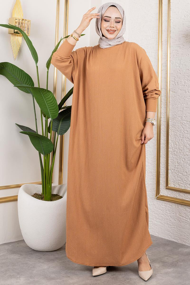 Batwing Sleeve Crepe Dress | Camel – NEOMODEST product image 1