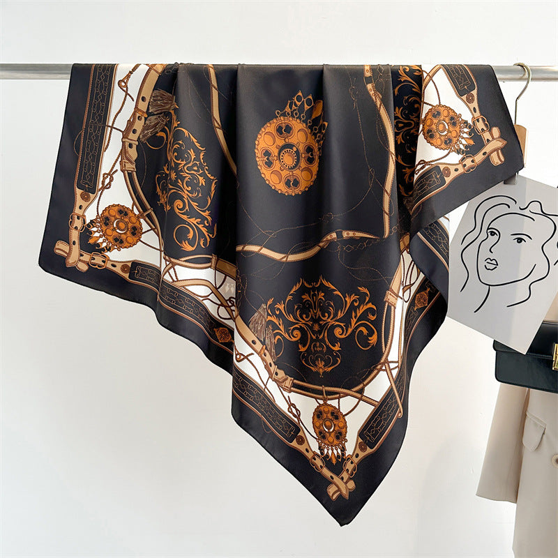 Women's Premium Twill Silk Scarf, Large Printed 90/90cm Striped Square Scarf