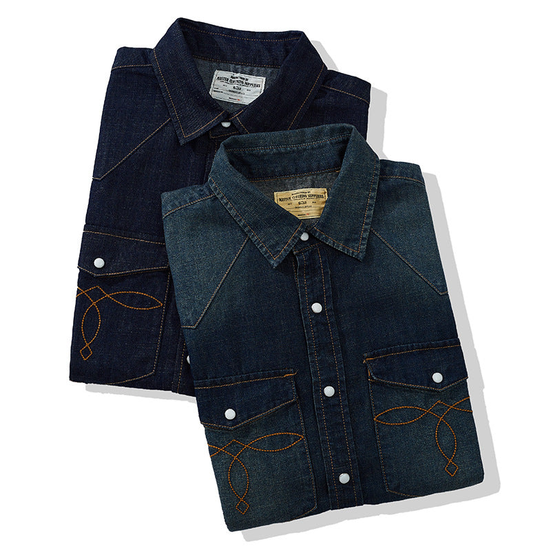 Men's Retro Denim Short Sleeve Shirt | Classic Washed Cotton