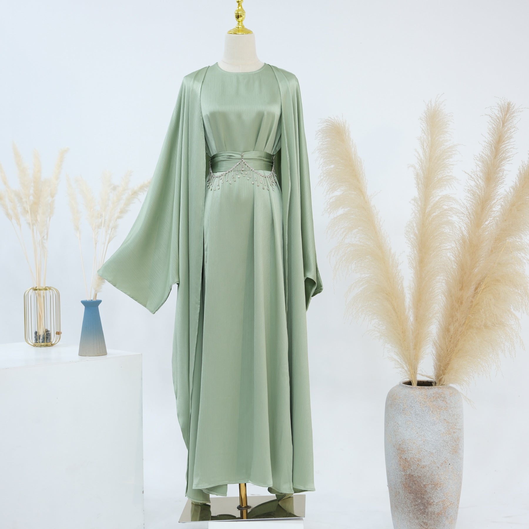 Crystal Chain Two-Piece Abaya Set | Luxury Modest Suit