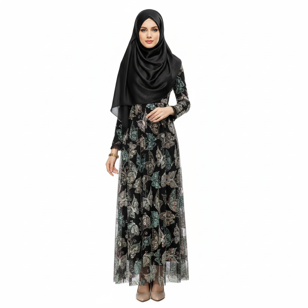 Black Sequined Butterfly Modest Dress | Long Sleeve Wide Hem