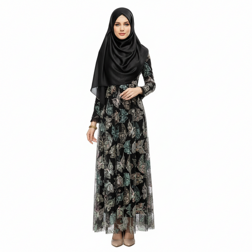 Black Sequined Butterfly Modest Dress | Long Sleeve Wide Hem