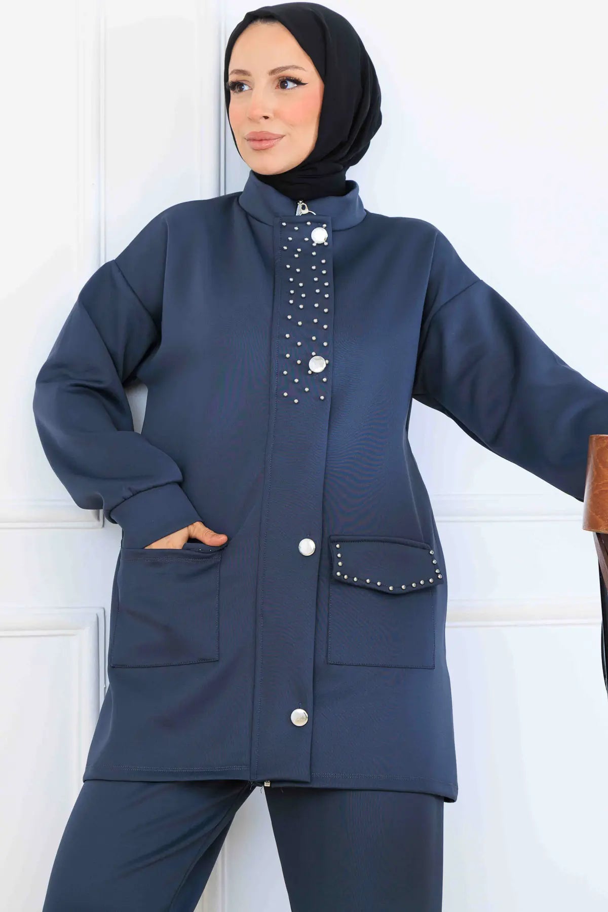 Beaded Detailed Scuba Two Piece Set | Indigo – NEOMODEST product image 2