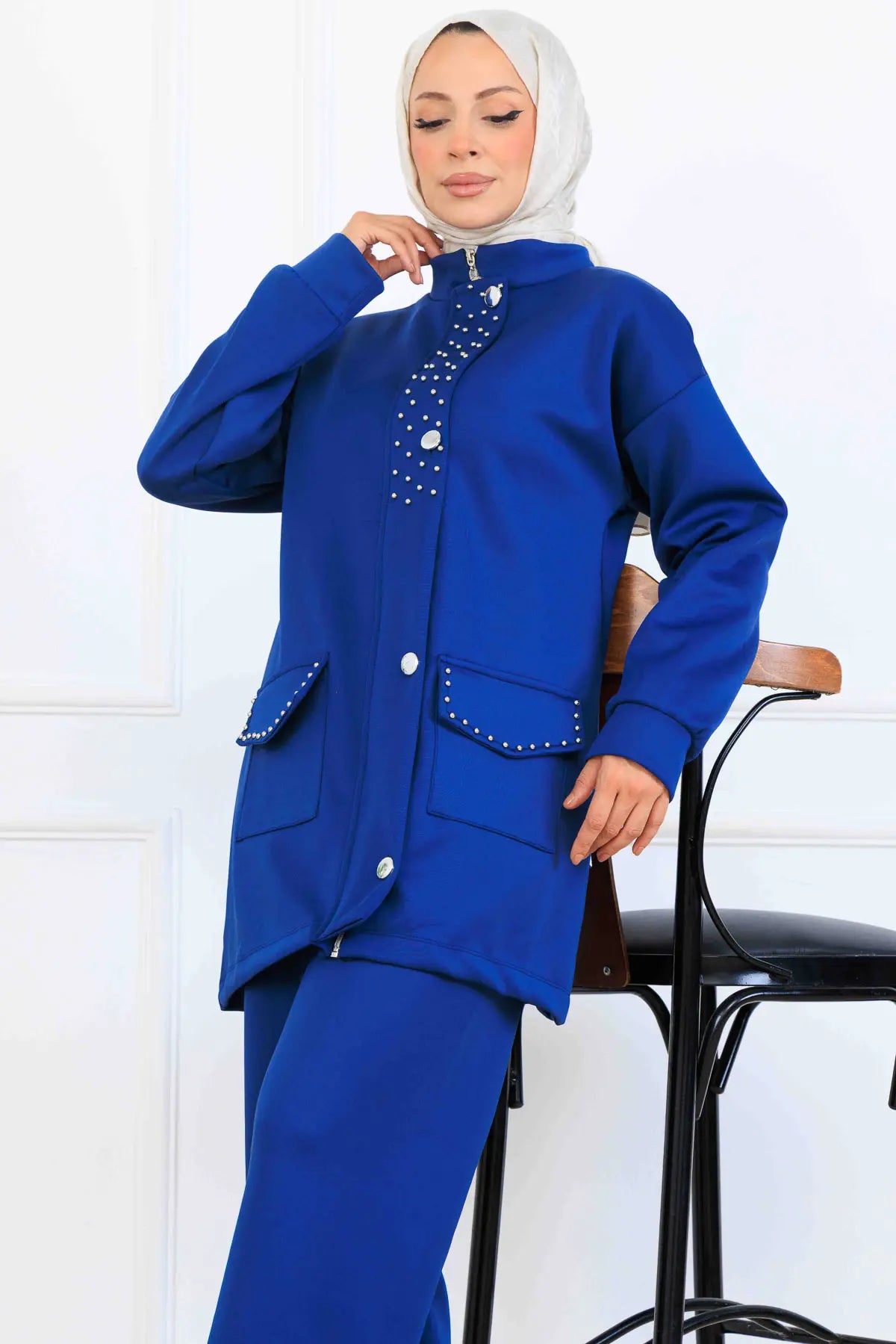 Beaded Detailed Scuba Two Piece Set | Sax Blue – NEOMODEST product image 2