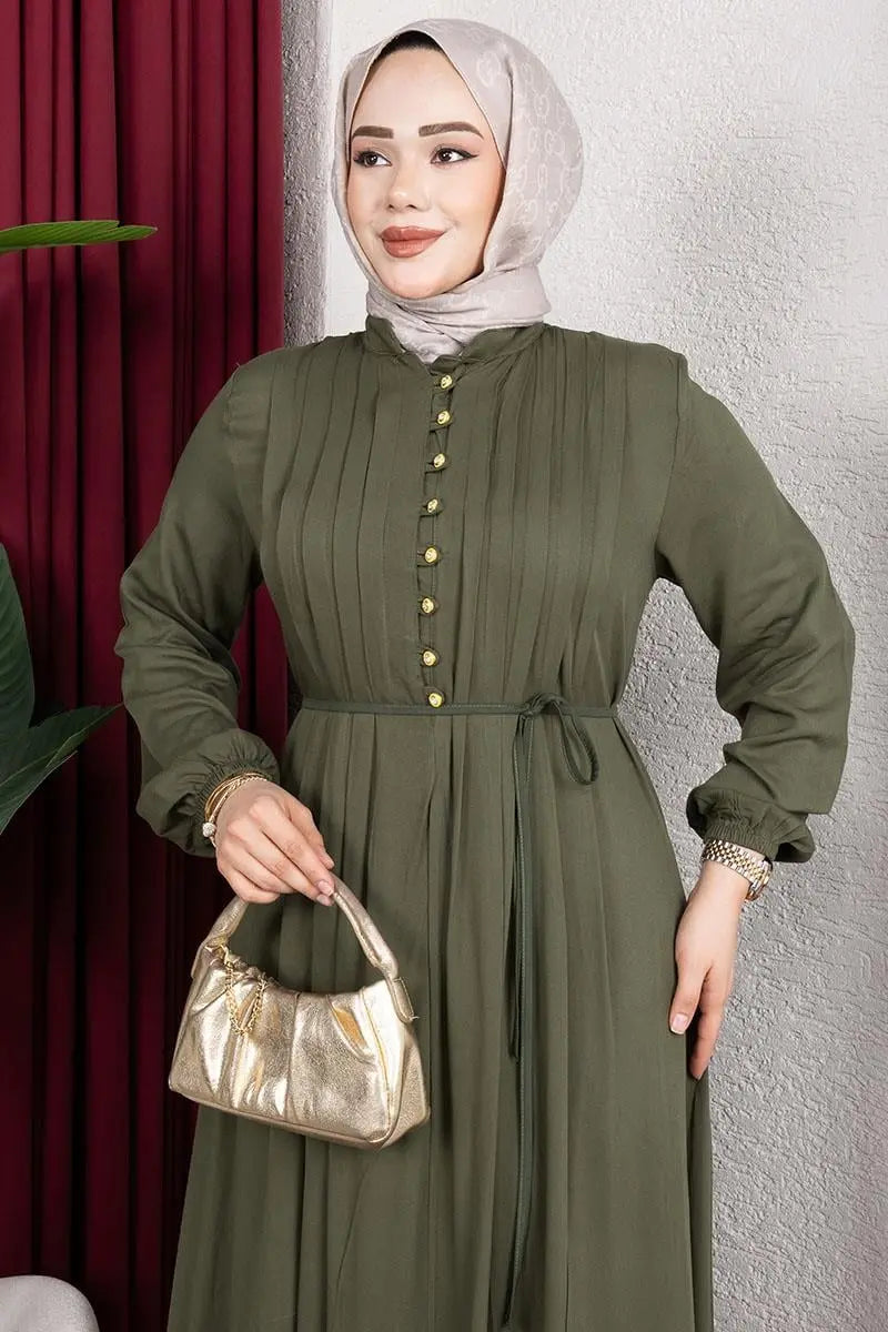 Belmando Dress With Gold Buttons | Khaki – NEOMODEST product image 2