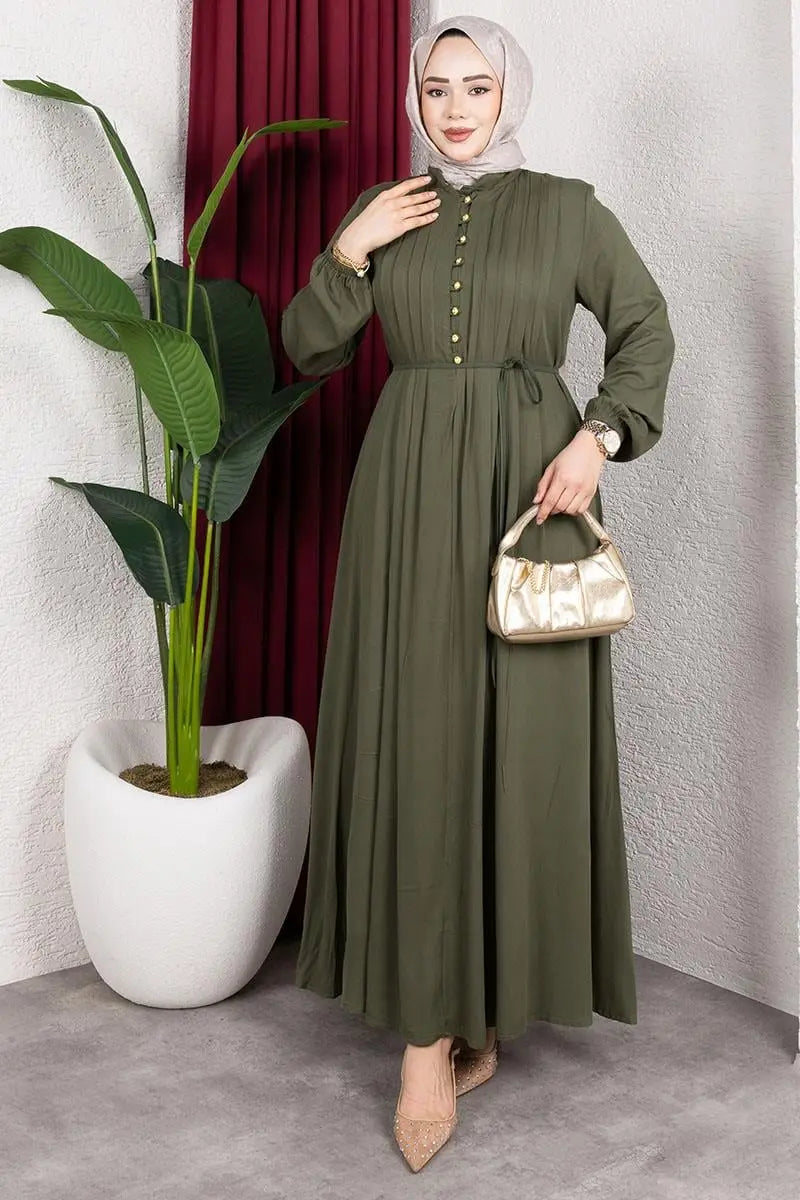 Belmando Dress With Gold Buttons | Khaki – NEOMODEST product image 3
