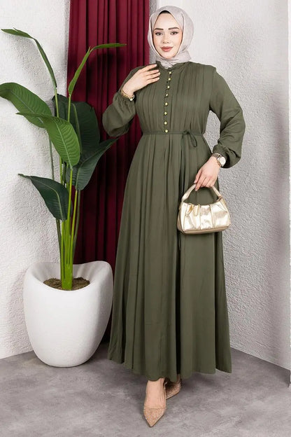 Belmando Dress With Gold Buttons | Khaki – NEOMODEST product image 3
