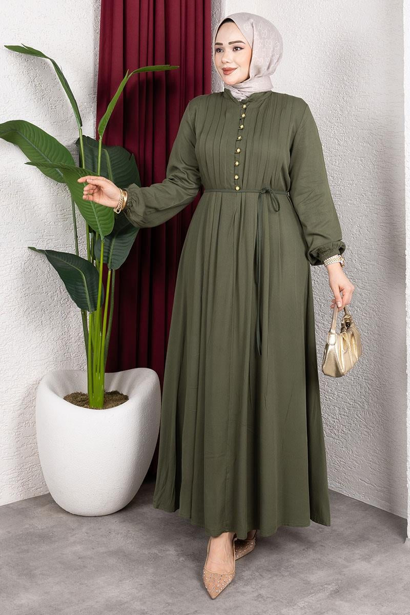Belmando Dress With Gold Buttons | Khaki – NEOMODEST product image 1