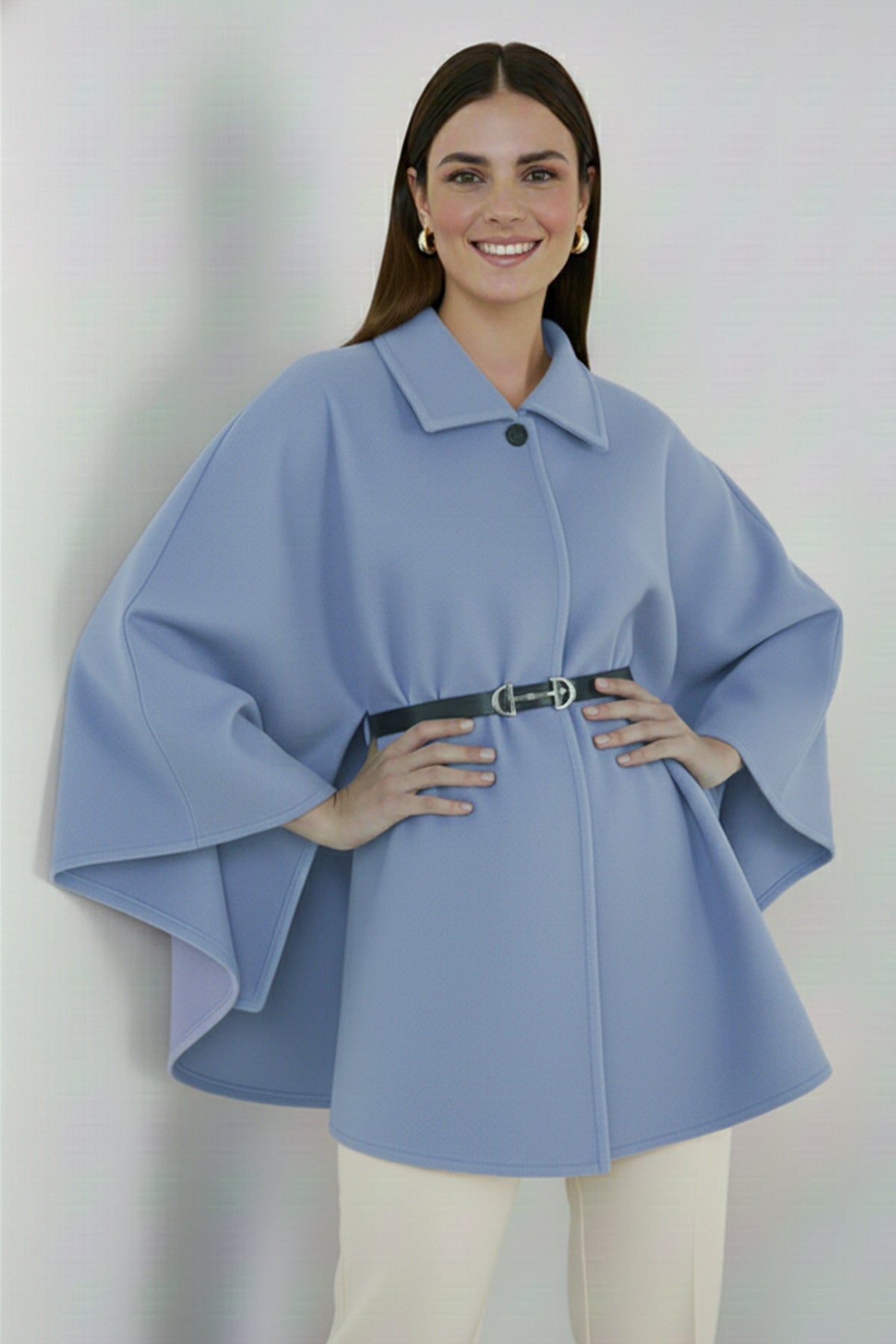 Belted Cashmere Poncho | Baby Blue – NEOMODEST product image 1