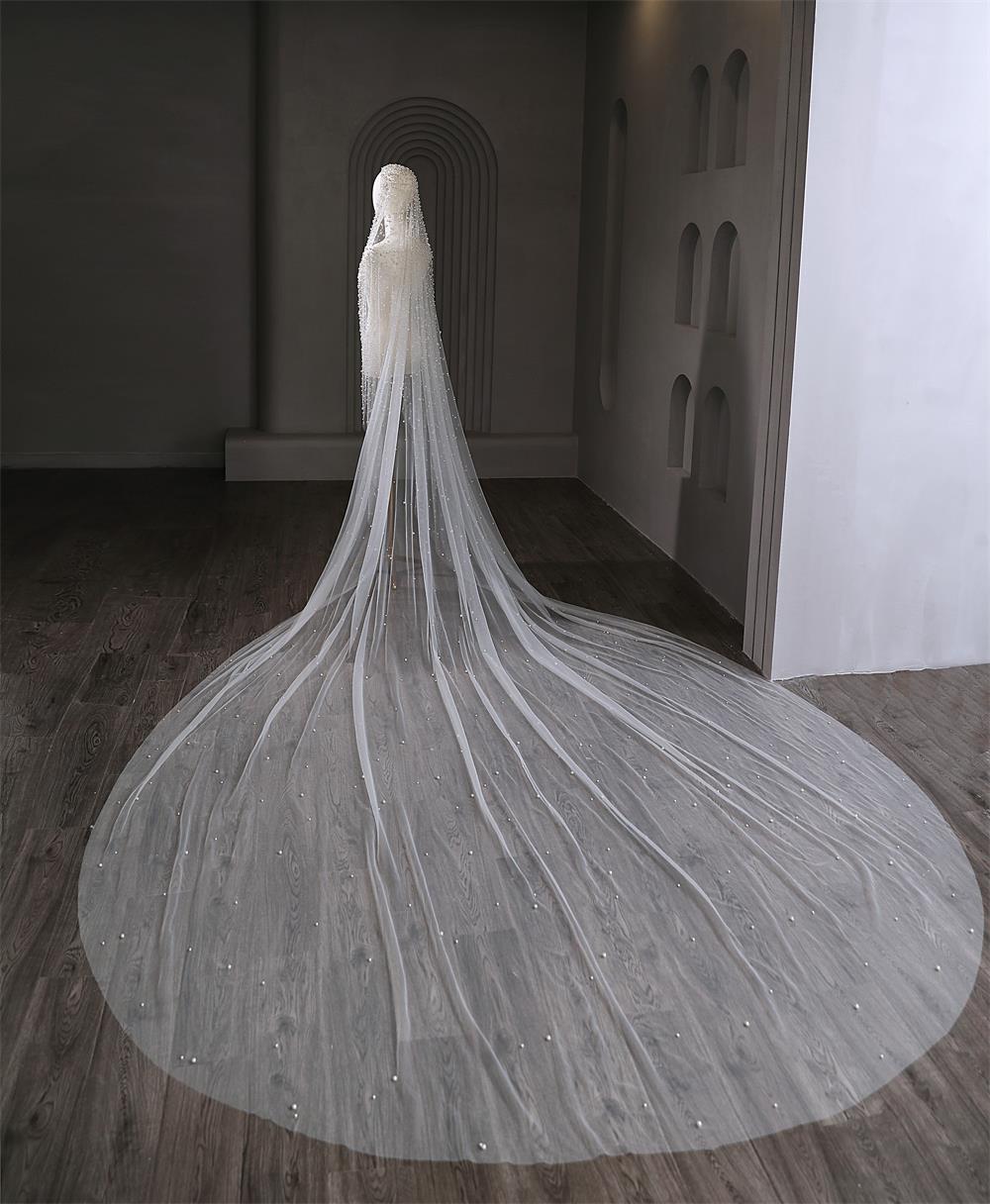 Pearl Embellished Cathedral Wedding Veil