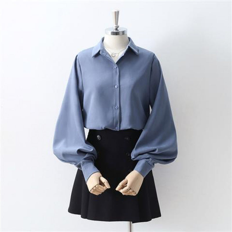 Black Lantern Sleeve Vintage Shirt - Cloudy Blue / 2XL - Blouse