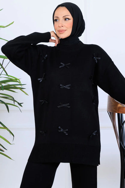 Bow-Detail Knitwear Set in Black – NEOMODEST, image 3