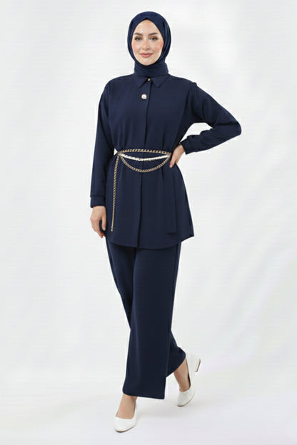 Brooch Detailed Hijab Two-piece Set | Navy Blue – NEOMODEST product image 1