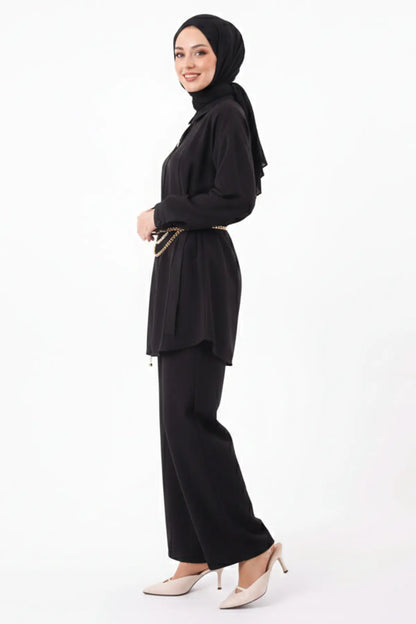 Brooch Detailed Hijab Two-piece Set | Black – NEOMODEST product image 3
