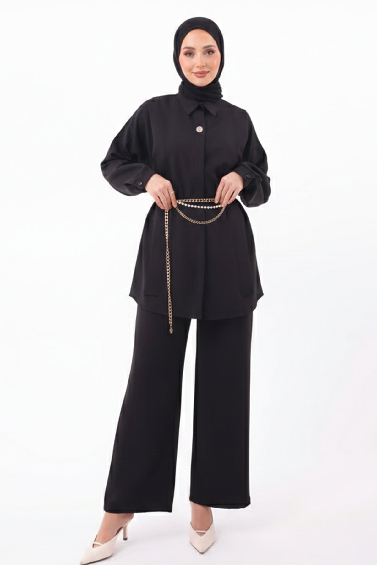 Brooch Detailed Hijab Two-piece Set | Black – NEOMODEST product image 1
