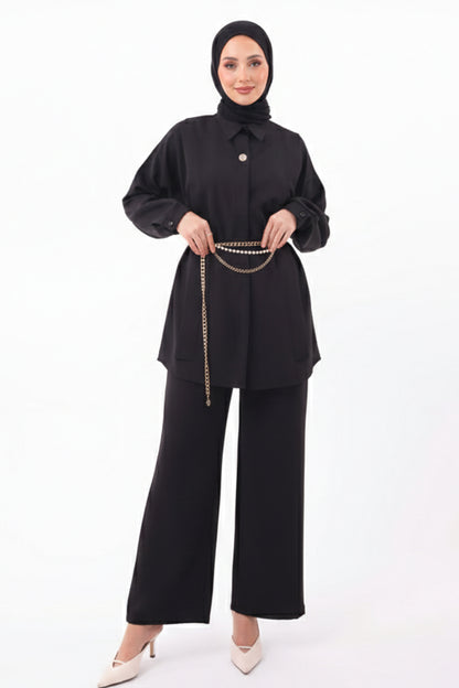 Brooch Detailed Hijab Two-piece Set | Black – NEOMODEST product image 1