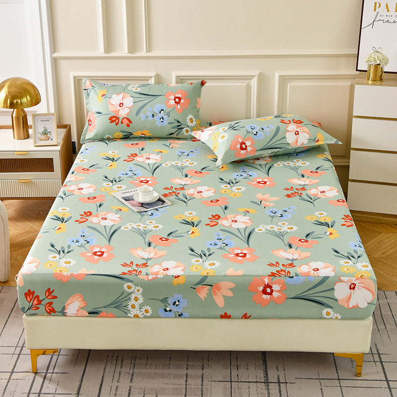 Brushed Fitted Bedsheet with Printed Pillowcases - Blossoming Flowers / 120x200x25cm - Fitted sheet with pillow covers