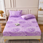 Brushed Fitted Bedsheet with Printed Pillowcases - Flower Sea Purple / 120x200x25cm - Fitted sheet with pillow covers