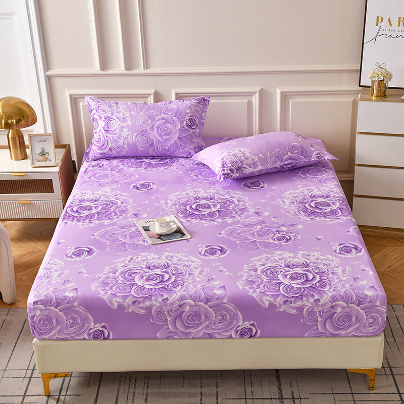 Brushed Fitted Bedsheet with Printed Pillowcases - Flower Sea Purple / 120x200x25cm - Fitted sheet with pillow covers