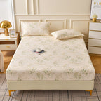 Brushed Fitted Bedsheet with Printed Pillowcases - Grass Jelly / 120x200x25cm - Fitted sheet with pillow covers
