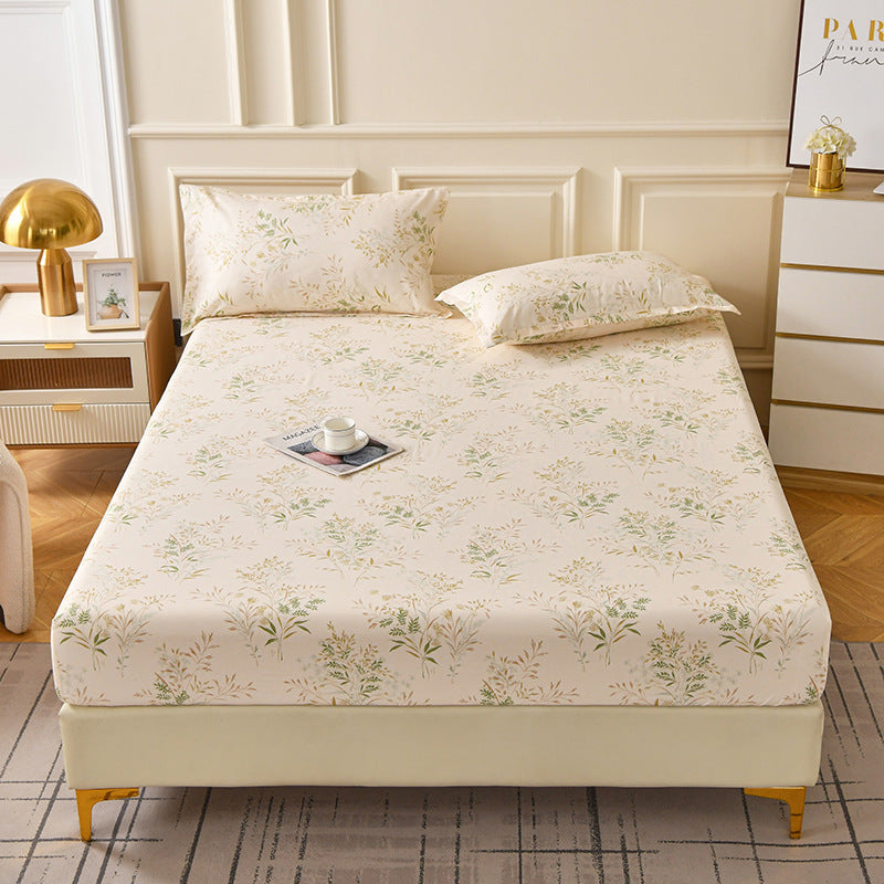 Brushed Fitted Bedsheet with Printed Pillowcases - Grass Jelly / 120x200x25cm - Fitted sheet with pillow covers