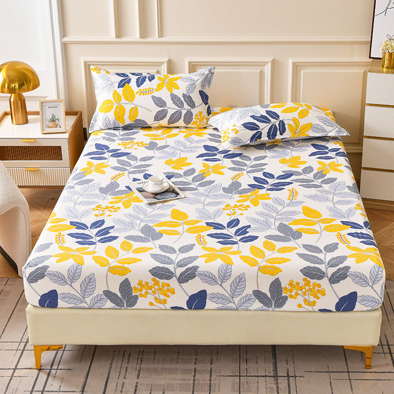 Brushed Fitted Bedsheet with Printed Pillowcases - Leaf Fan Style / 120x200x25cm - Fitted sheet with pillow covers