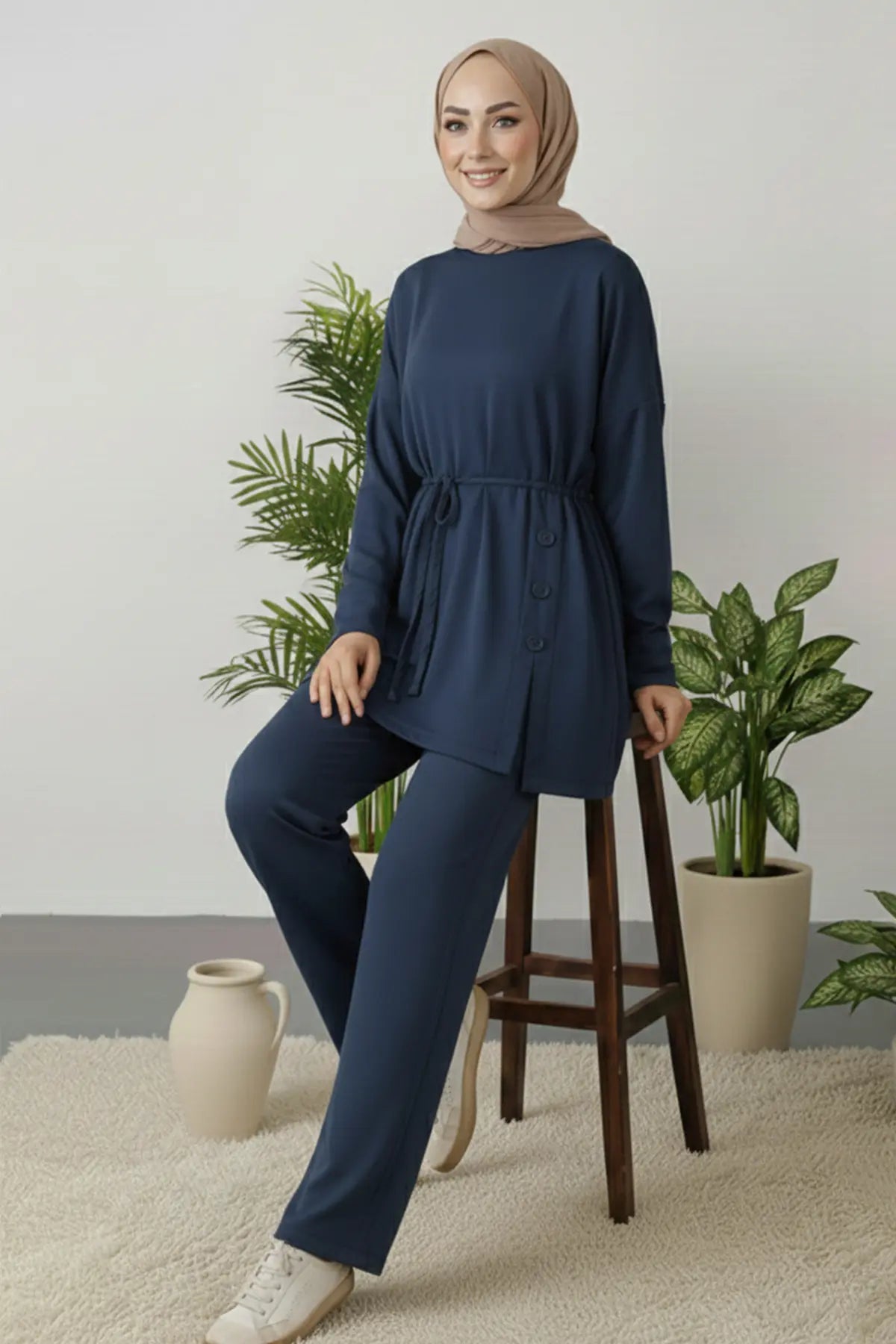 Button Detail Tunic Set | Indigo – NEOMODEST product image 2