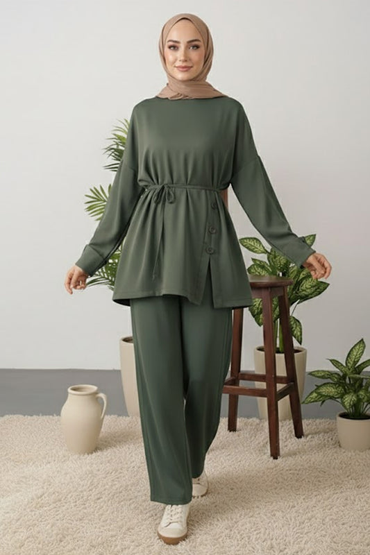 Button Detail Tunic Set | Khaki – NEOMODEST product image 1