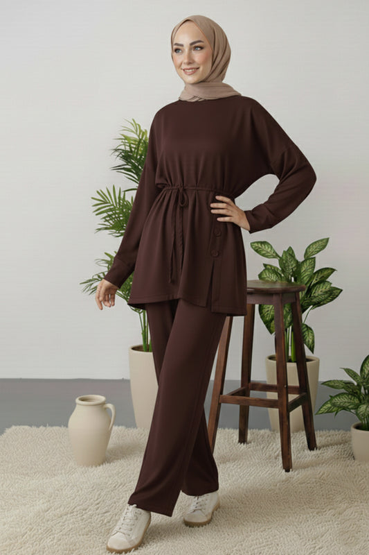Button Detail Tunic Set | Brown – NEOMODEST product image 1