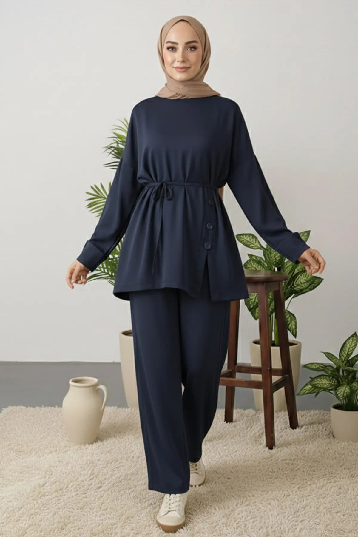 Button Detail Tunic Set | Navy Blue – NEOMODEST product image 2