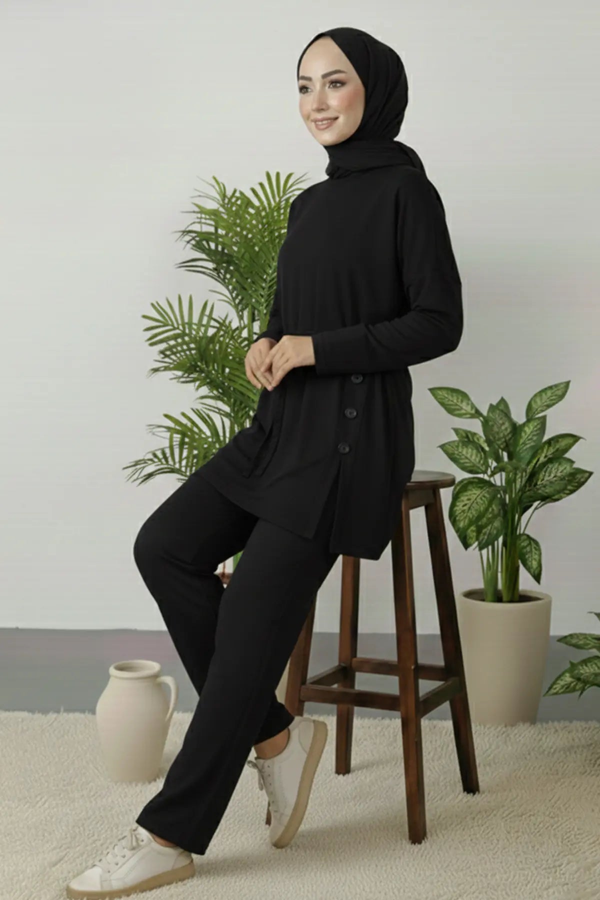 Button Detail Tunic Set | Black – NEOMODEST product image 2