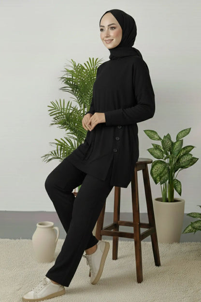 Button Detail Tunic Set | Black – NEOMODEST product image 2