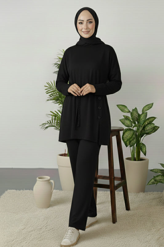 Button Detail Tunic Set | Black – NEOMODEST product image 1