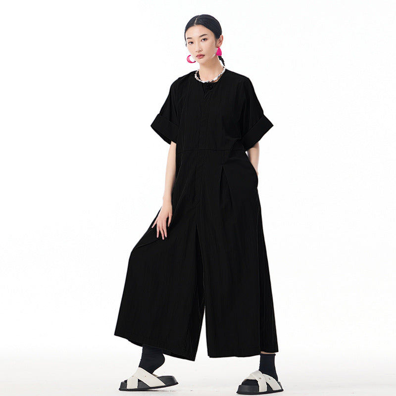 Buttoned Cargo Sleeved Summer Overalls - Free Size / Black - Women’s overall