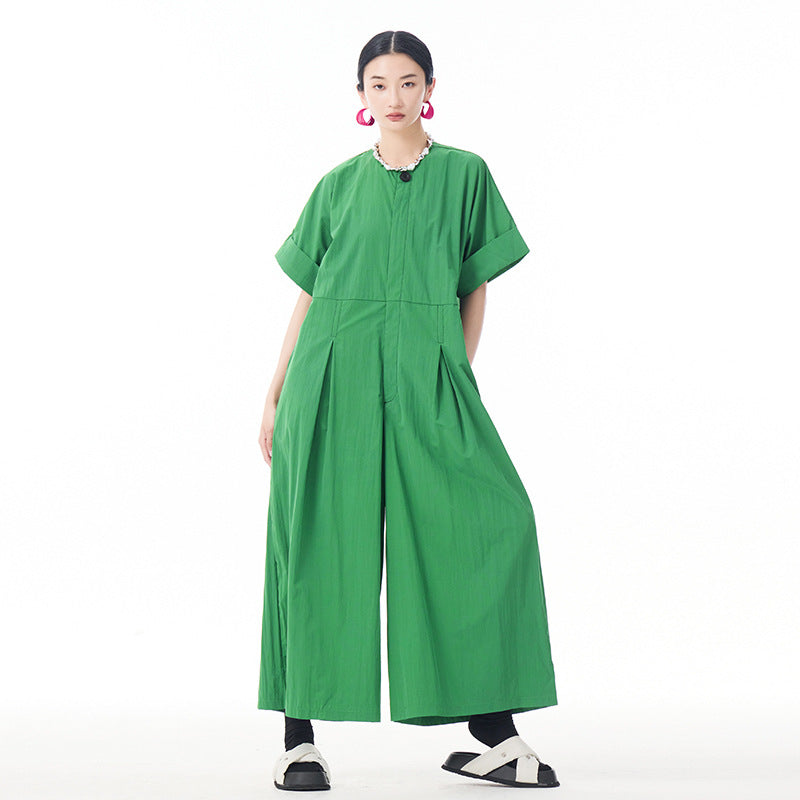 Buttoned Cargo Sleeved Summer Overalls - Free Size / Green - Women’s overall
