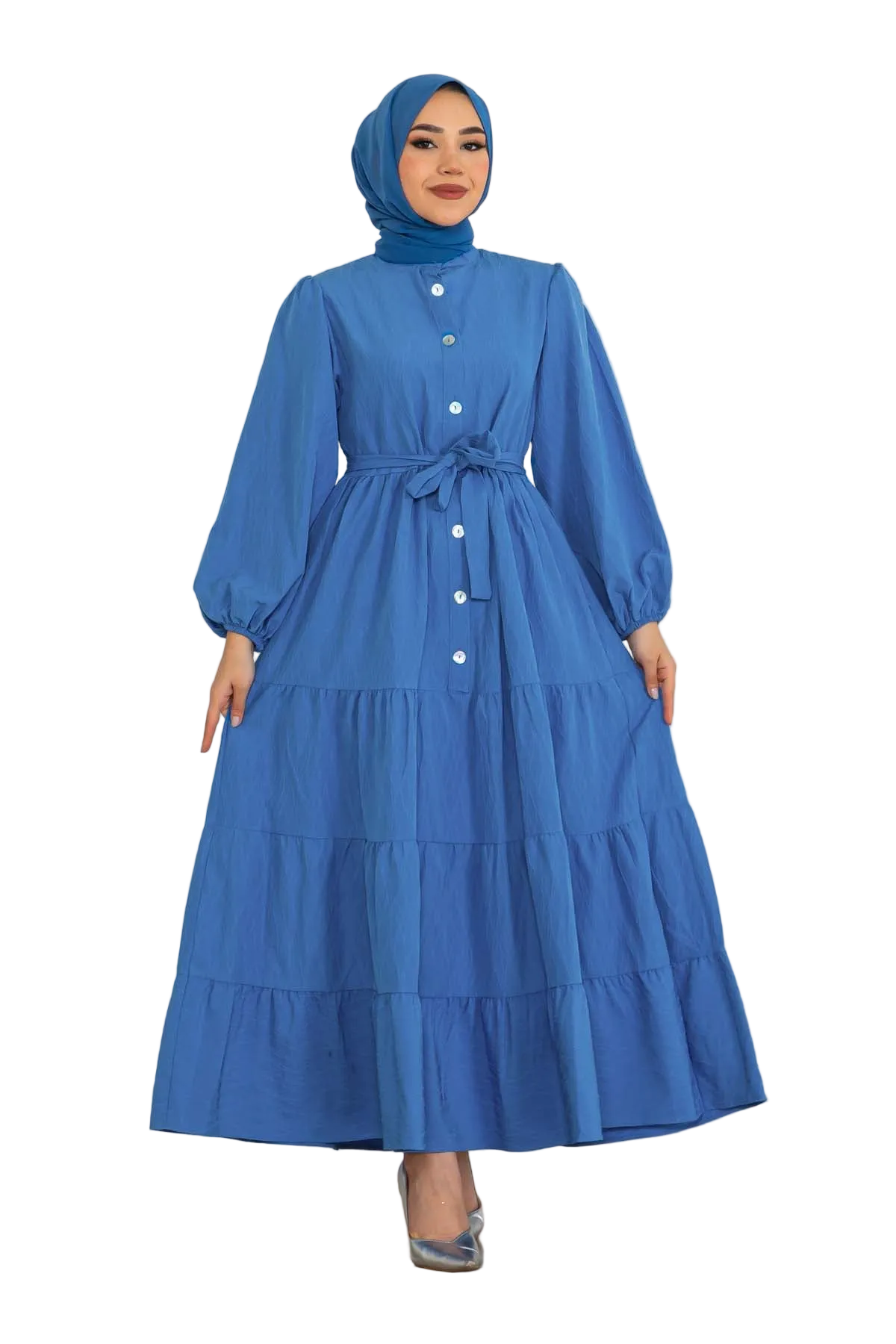 Embossed Patterned Modest Dress with Button Detail [Pre-Order]