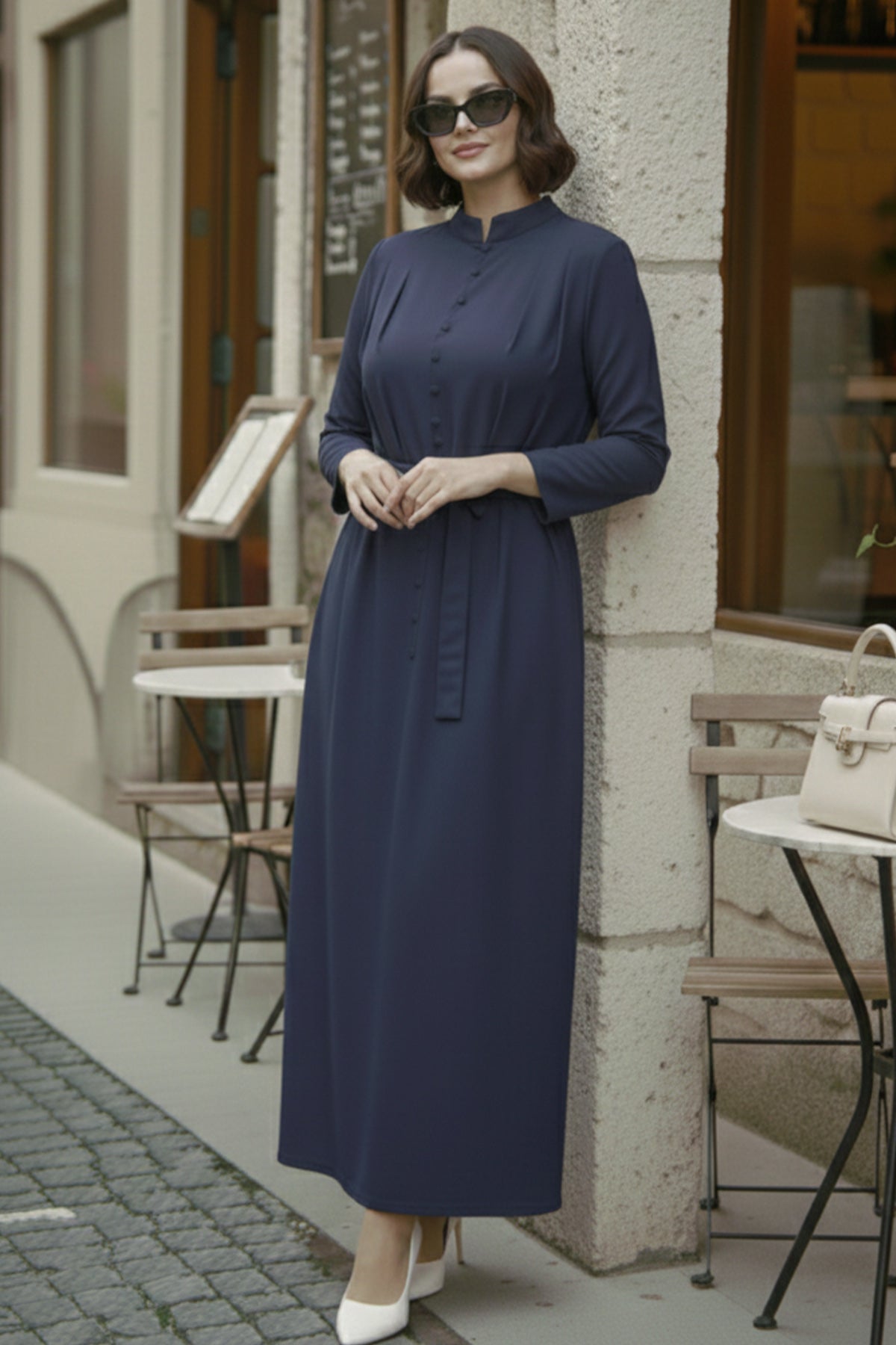 Buttoned Hijab Dress | Indigo – NEOMODEST product image 1