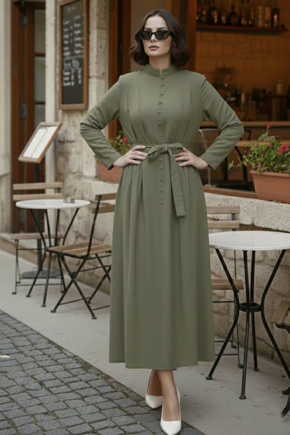 Buttoned Hijab Dress | Khaki – NEOMODEST product image 1
