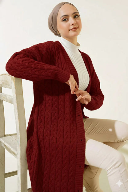 Buttoned Long Knit Cardigan | Claret Red – NEOMODEST product image 2